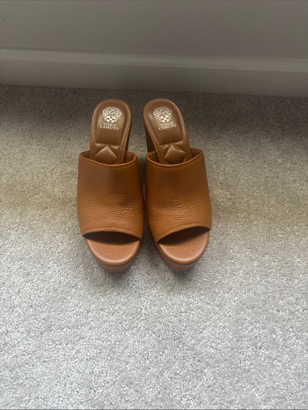 Vince Camuto Cognac Brown Leather Open-Toe Mules